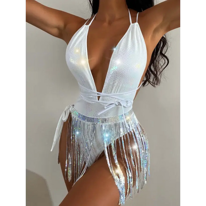 Sequin Tied Plunge Top Trendsi