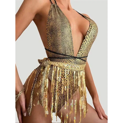 Sequin Tied Plunge Top Trendsi