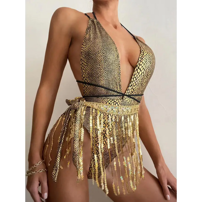 Sequin Tied Plunge Top Trendsi