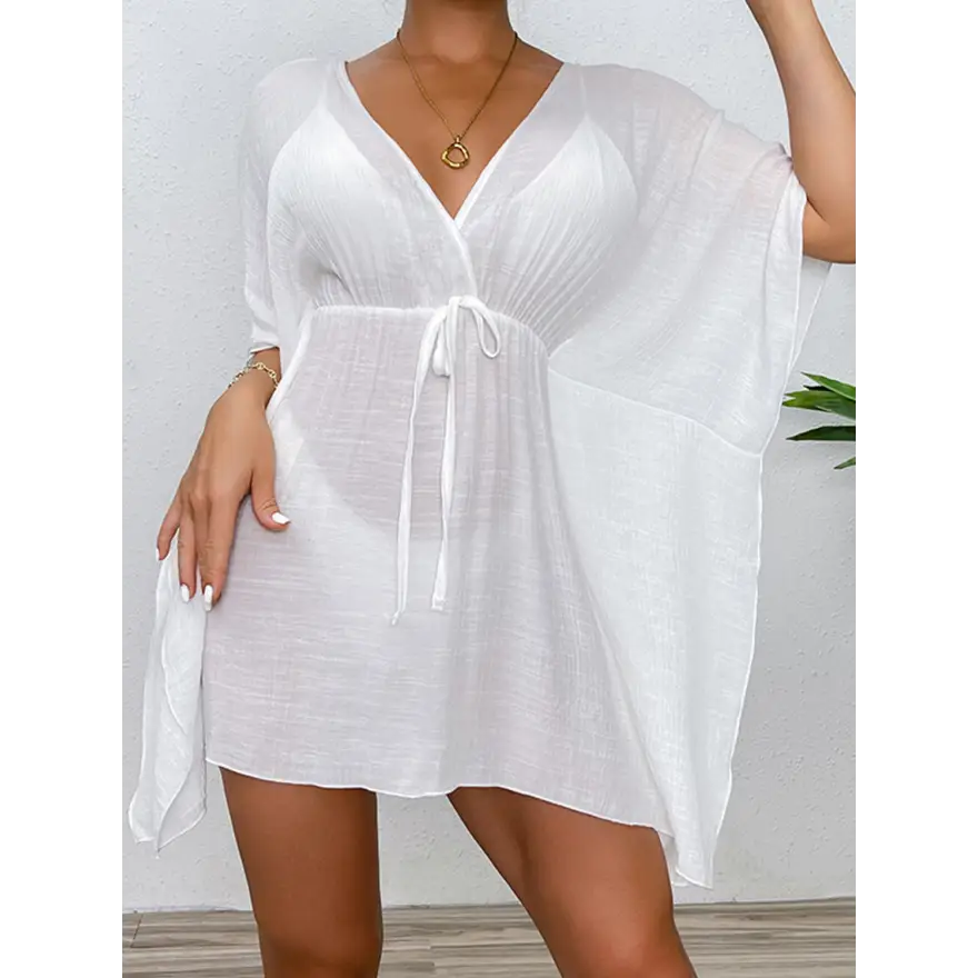 Glam Tied Surplice Half Sleeve Sheer Top Trendsi