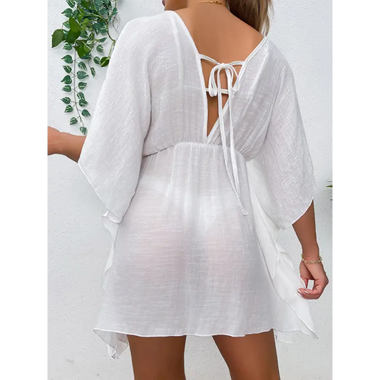 Glam Tied Surplice Half Sleeve Sheer Top Trendsi