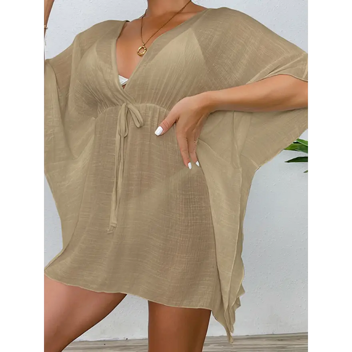 Glam Tied Surplice Half Sleeve Sheer Top Trendsi
