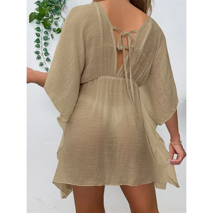 Glam Tied Surplice Half Sleeve Sheer Top Trendsi