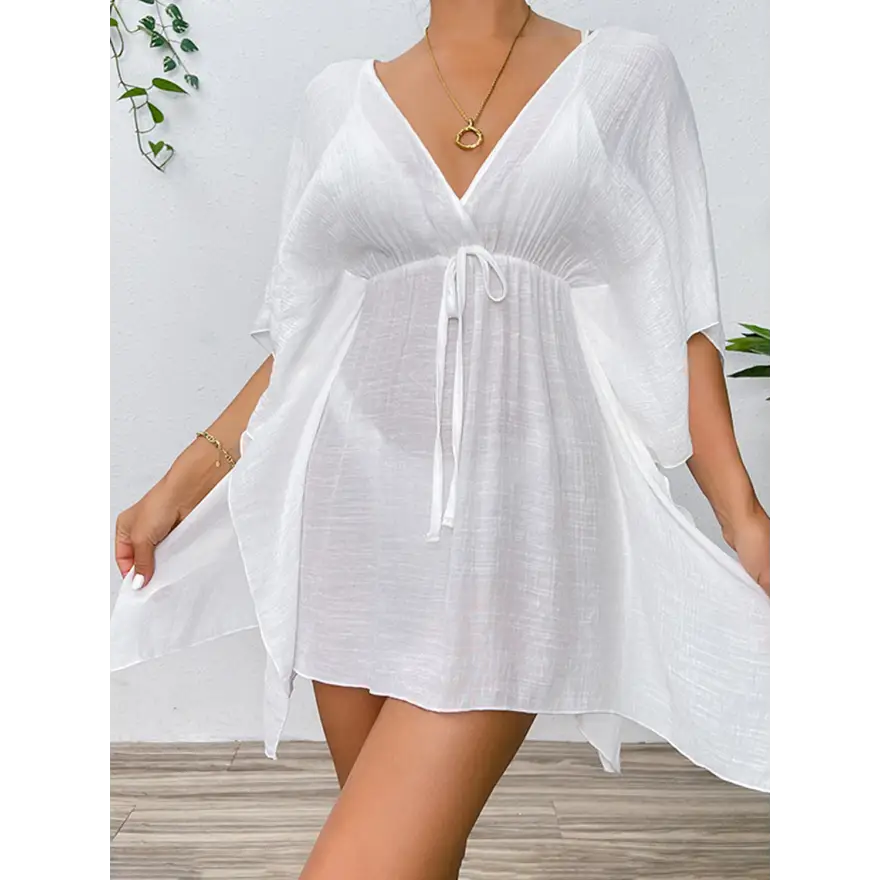 Glam Tied Surplice Half Sleeve Sheer Top Trendsi