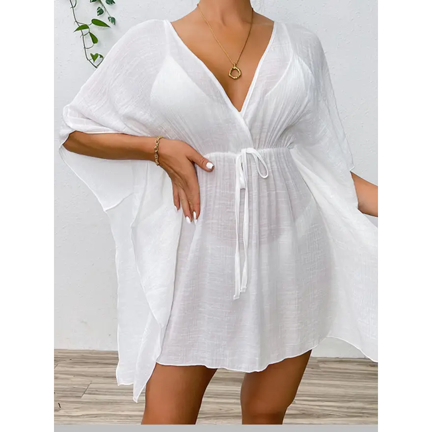 Glam Tied Surplice Half Sleeve Sheer Top Trendsi