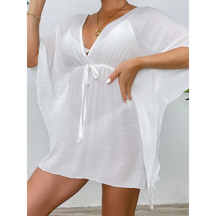 Glam Tied Surplice Half Sleeve Sheer Top Trendsi