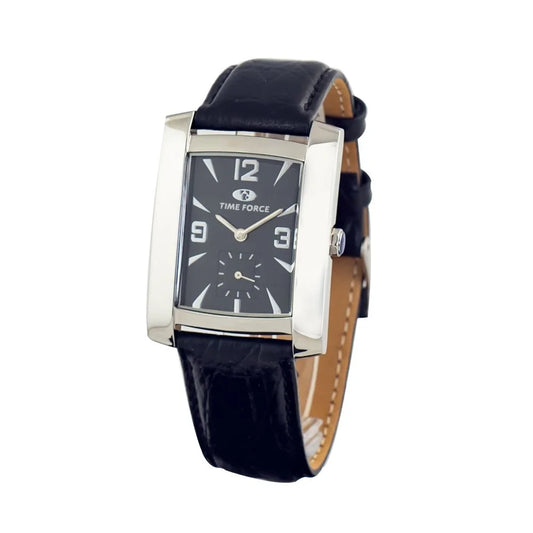 Time Force Black Leather Dress Watch Silver Steel 30mm Analog Quartz