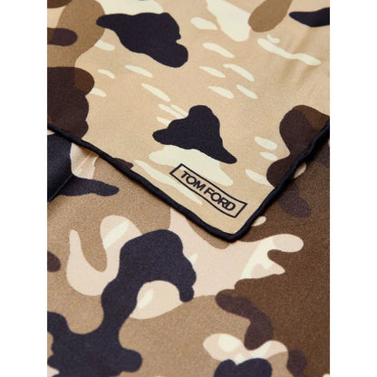 Tom Ford Beige Camouflage Silk Pocket Square with Logo Print