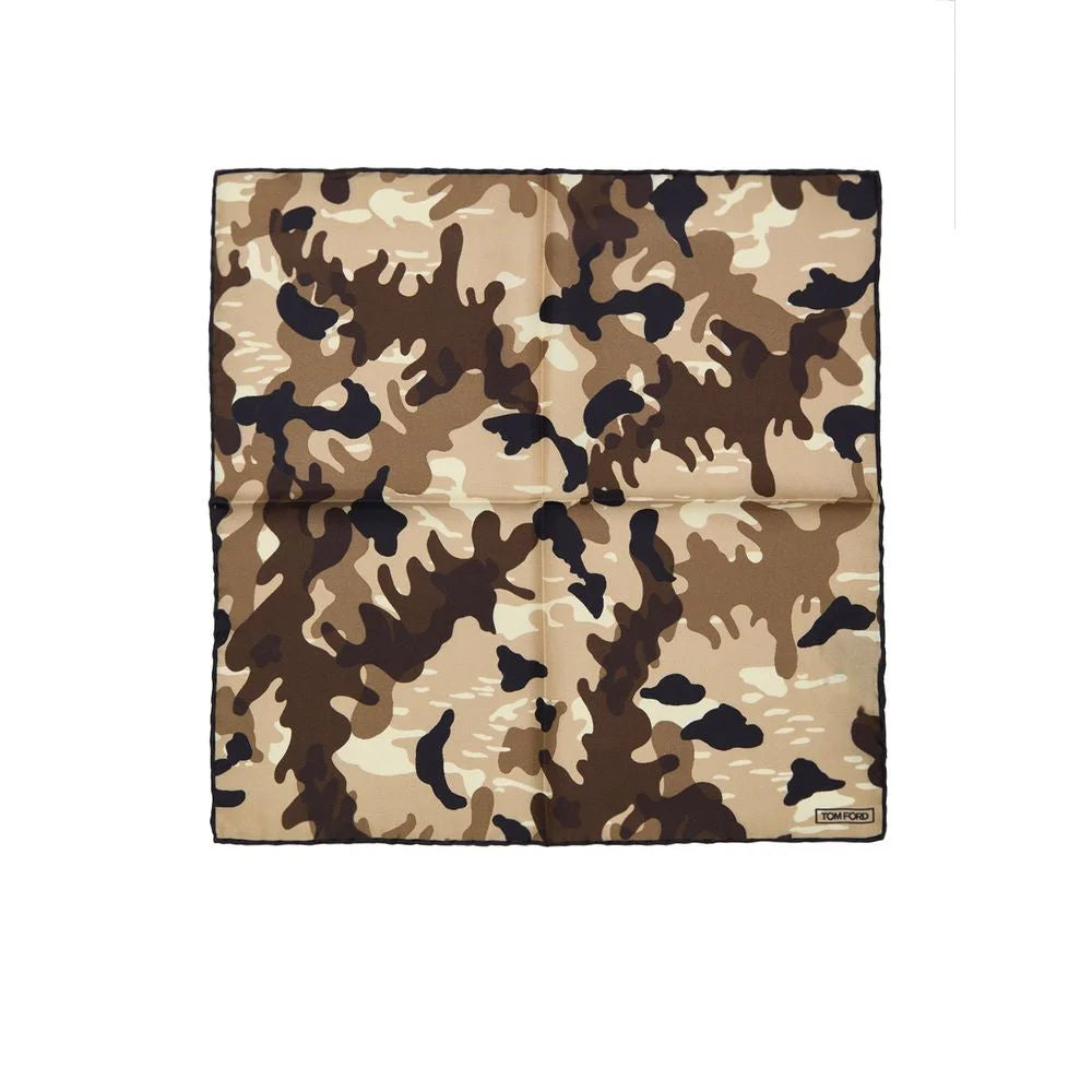 Tom Ford Beige Camouflage Silk Pocket Square with Logo Print