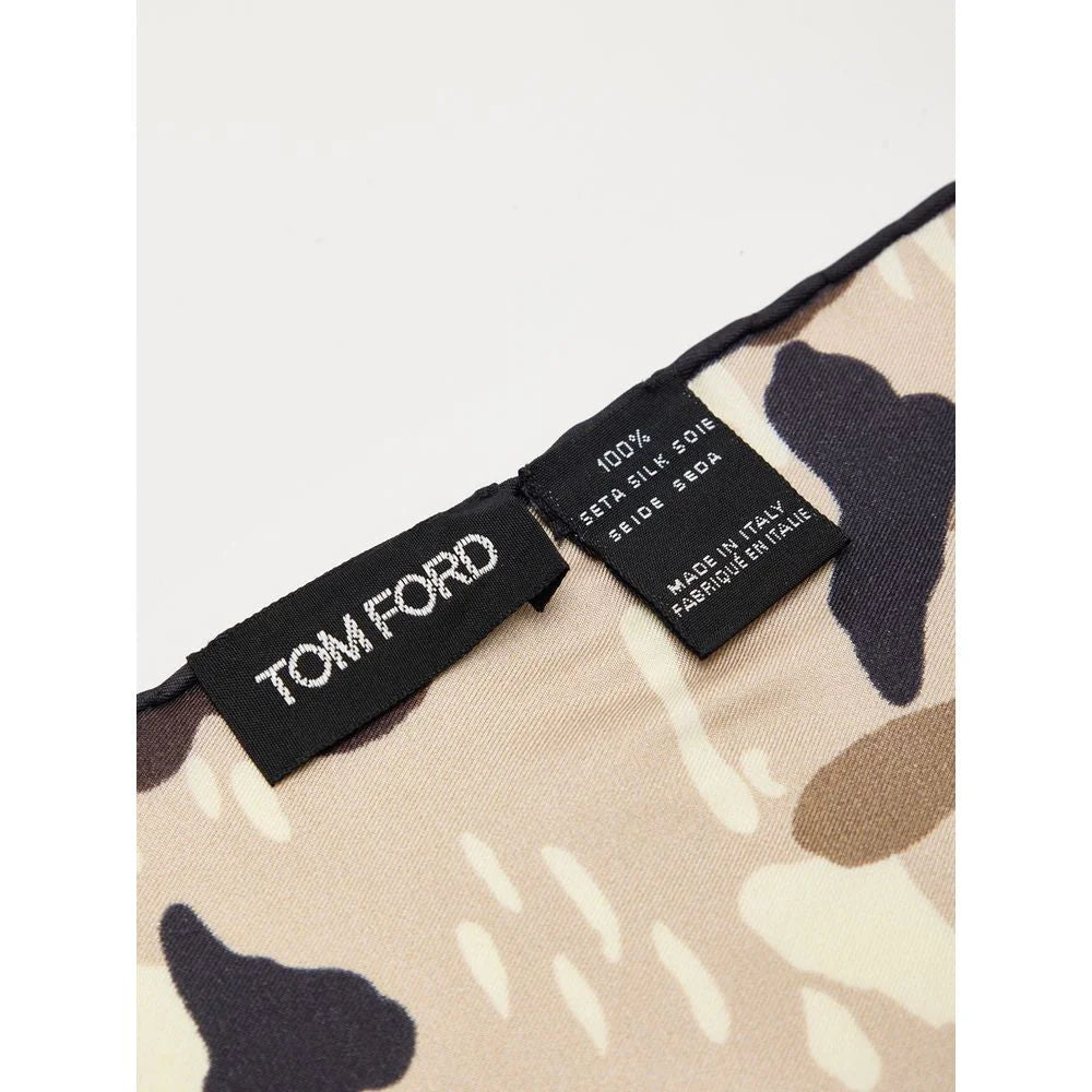 Tom Ford Beige Camouflage Silk Pocket Square with Logo Print