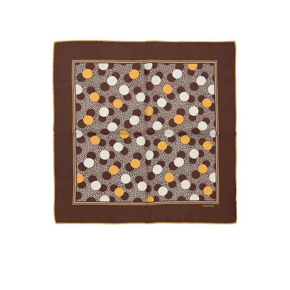 Tom Ford Brown Silk Pocket Square with Multicolor Circle Print