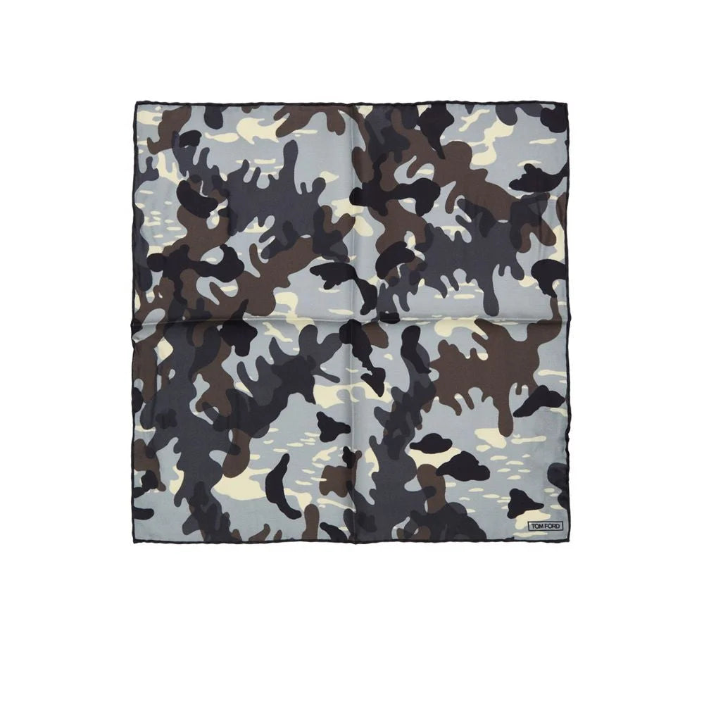 Tom Ford Light Gray Camouflage Print Silk Pocket Square
