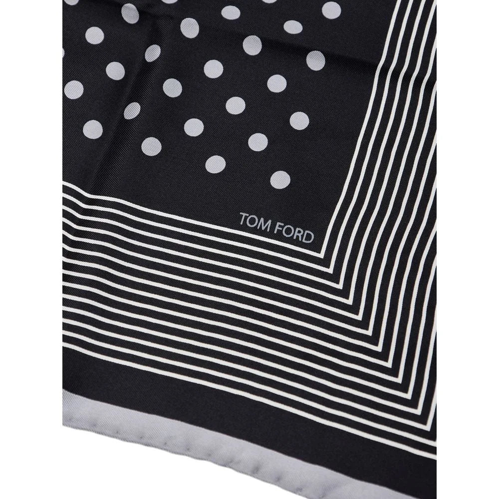 Tom Ford Navy Blue Silk Bandana with Gray Polka Dots and Stripes