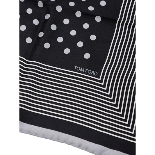 Tom Ford Navy Blue Silk Bandana with Gray Polka Dots and Stripes