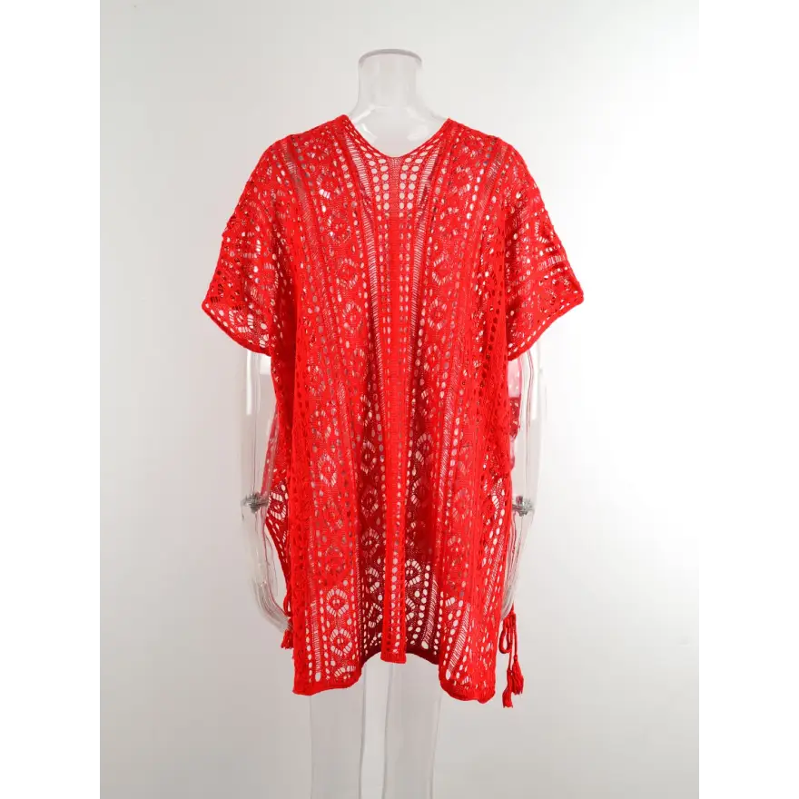 Beach Ready Cutout Tassel v Neck Cover Up - Women’s Clothing