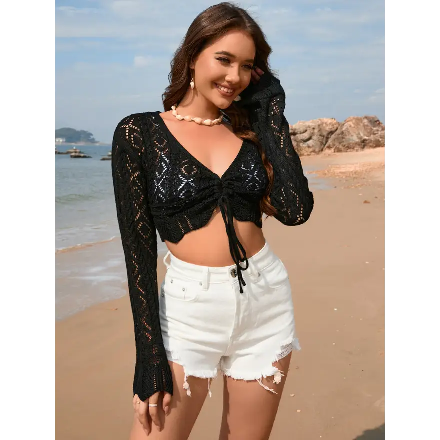 Breezy Openwork Long Drawstring Dress Cover Up for Sunlit Style - Women’s Clothing