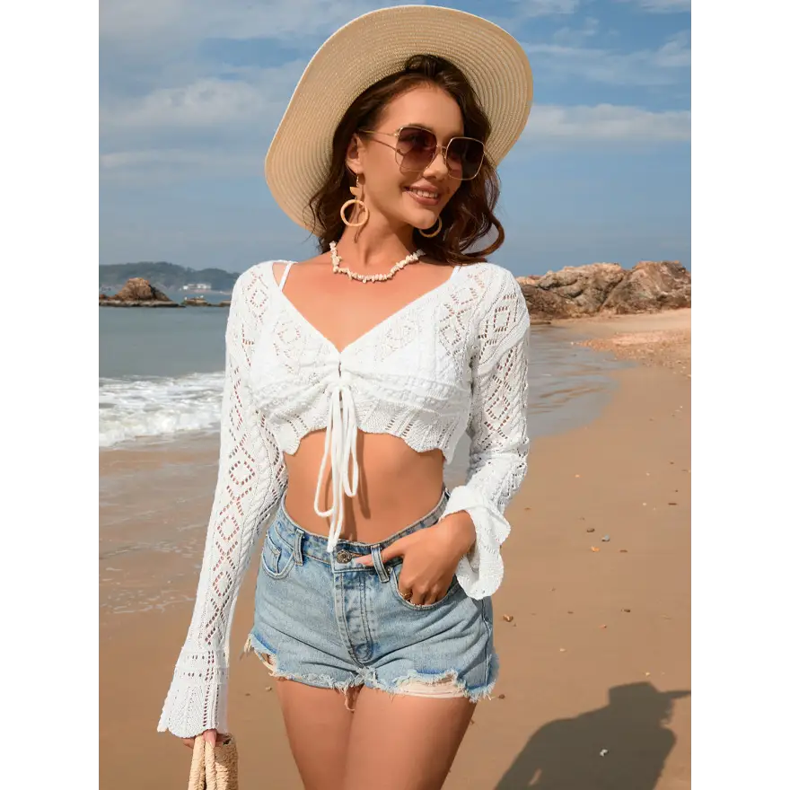 Breezy Openwork Long Drawstring Dress Cover Up for Sunlit Style - Women’s Clothing