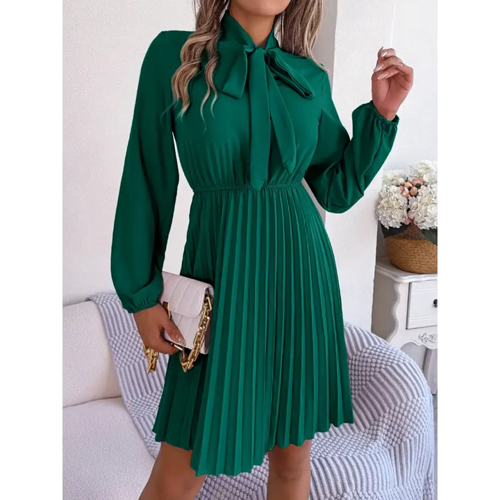 Trendsi Chic Balloon Sleeve Tie Neck Dress with Pleated Elegance women’s dress