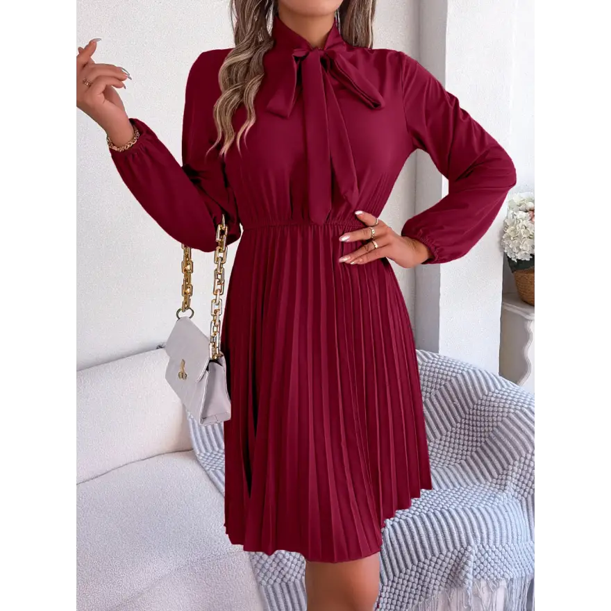 Trendsi Chic Balloon Sleeve Tie Neck Dress with Pleated Elegance women’s dress