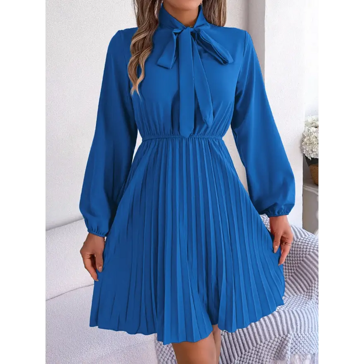 Trendsi Chic Balloon Sleeve Tie Neck Dress with Pleated Elegance women’s dress
