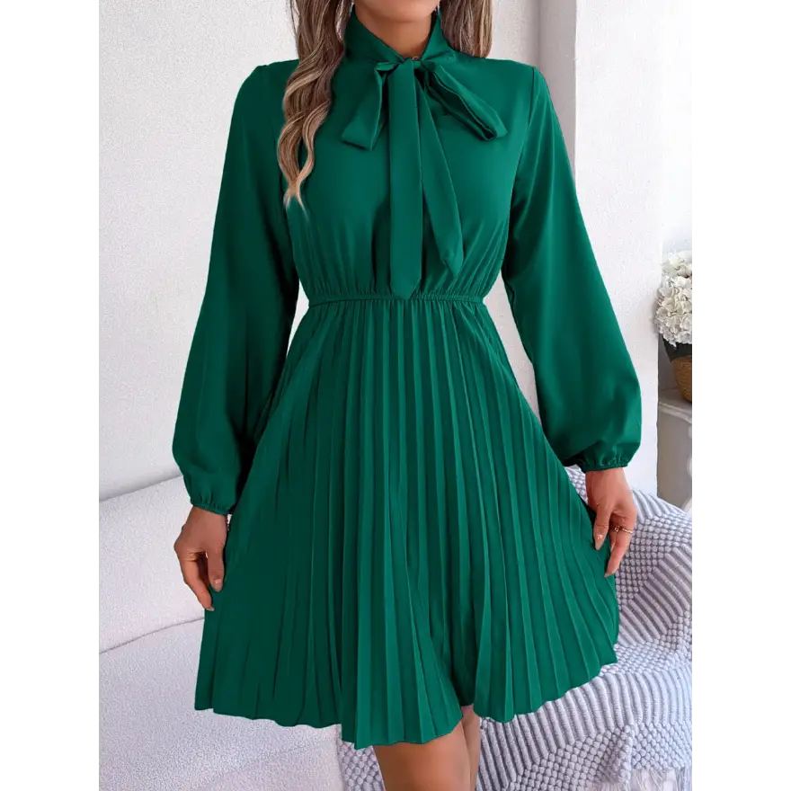 Trendsi Chic Balloon Sleeve Tie Neck Dress with Pleated Elegance women’s dress