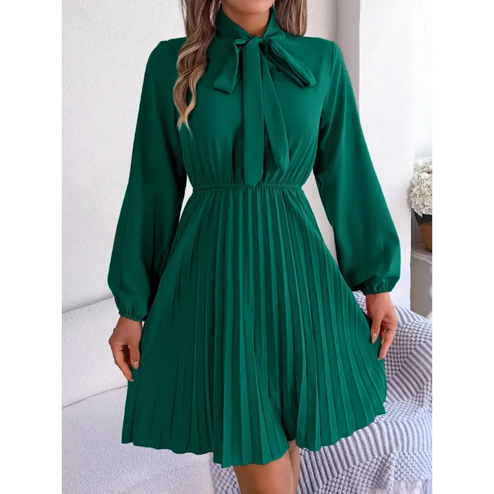 Trendsi Chic Balloon Sleeve Tie Neck Dress with Pleated Elegance women’s dress