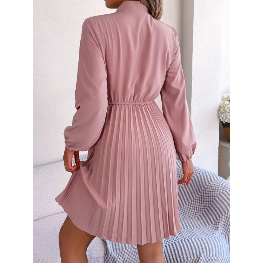 Trendsi Chic Balloon Sleeve Tie Neck Dress with Pleated Elegance women’s dress