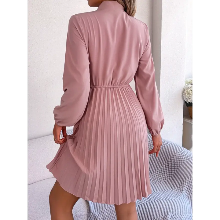 Trendsi Chic Balloon Sleeve Tie Neck Dress with Pleated Elegance women’s dress