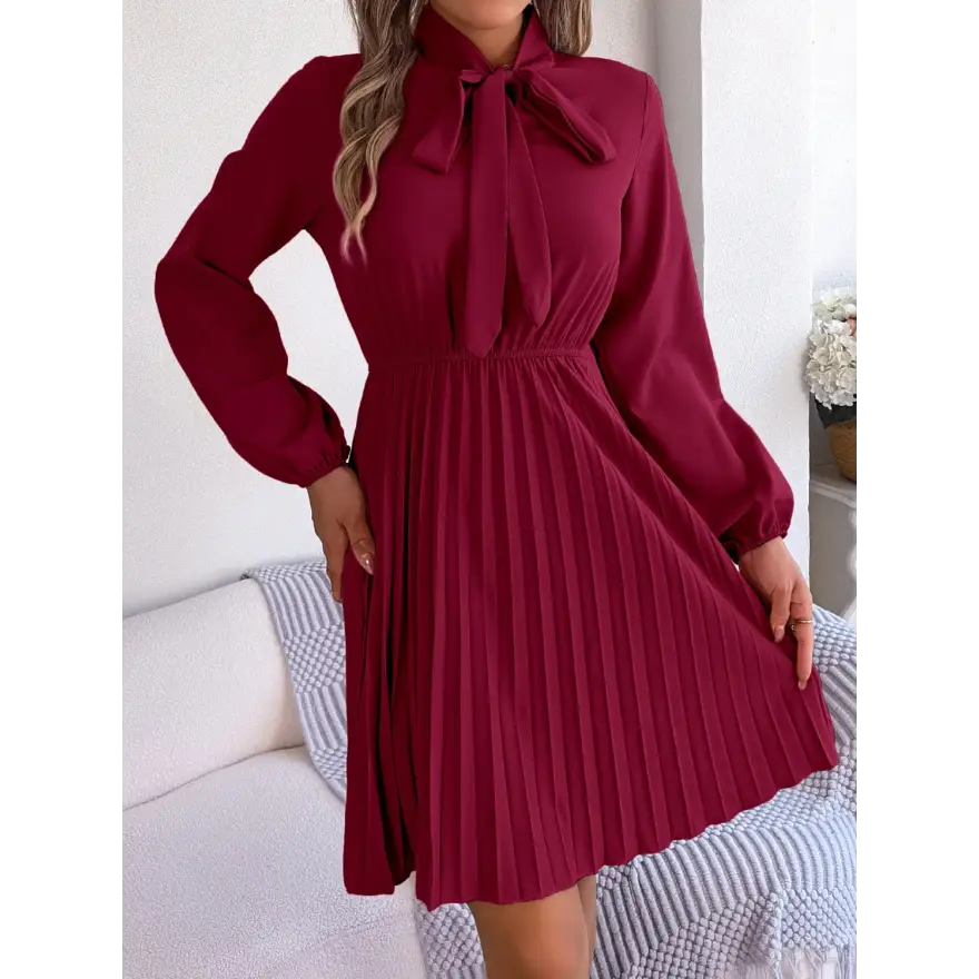 Trendsi Chic Balloon Sleeve Tie Neck Dress with Pleated Elegance women’s dress