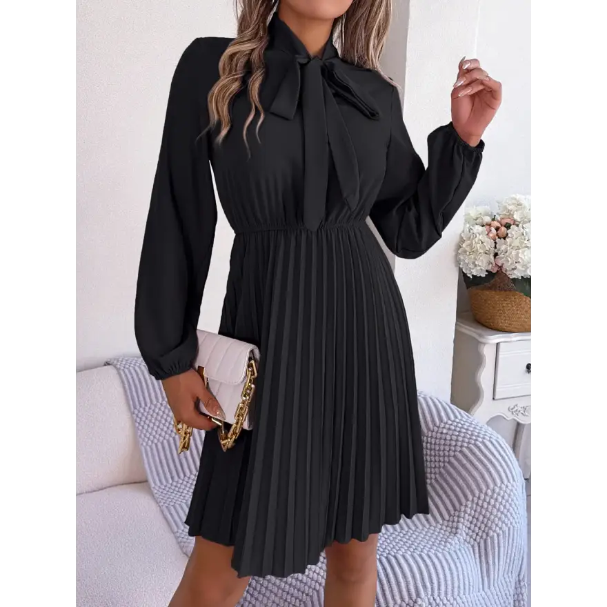 Trendsi Chic Balloon Sleeve Tie Neck Dress with Pleated Elegance women’s dress