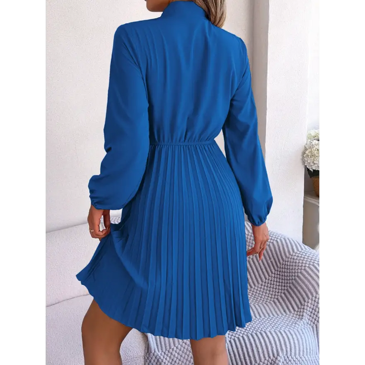 Trendsi Chic Balloon Sleeve Tie Neck Dress with Pleated Elegance women’s dress