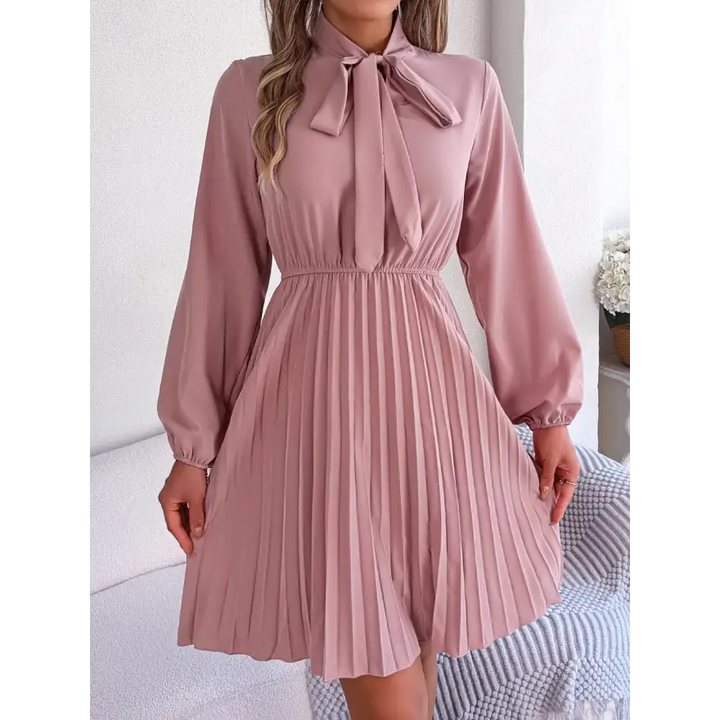 Trendsi Chic Balloon Sleeve Tie Neck Dress with Pleated Elegance women’s dress