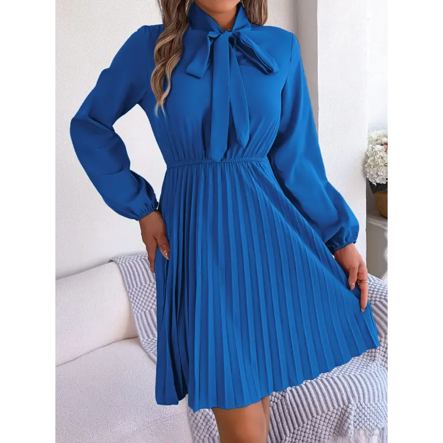 Trendsi Chic Balloon Sleeve Tie Neck Dress with Pleated Elegance women’s dress
