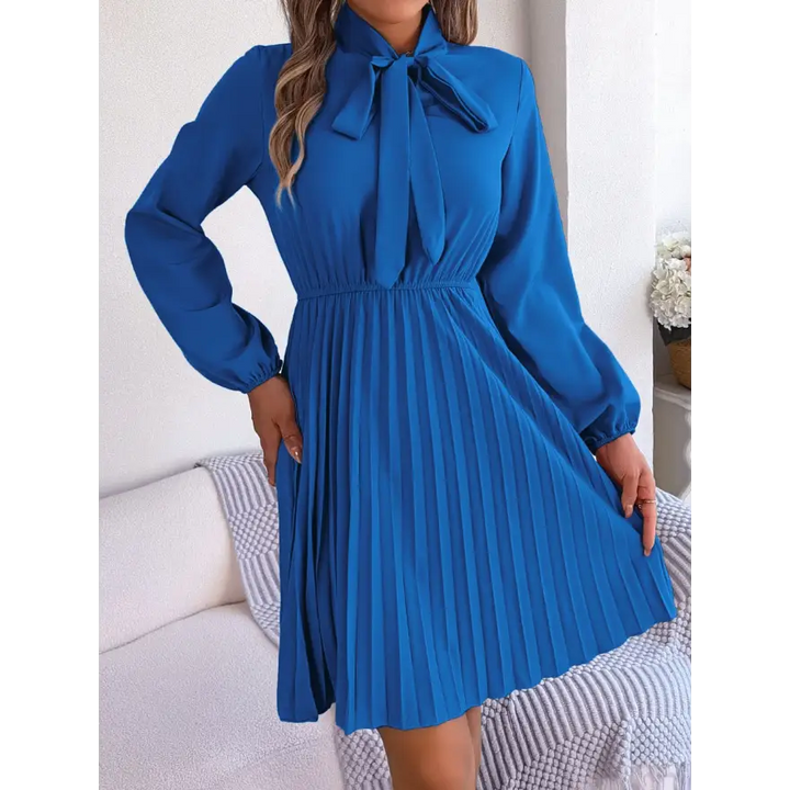Trendsi Chic Balloon Sleeve Tie Neck Dress with Pleated Elegance women’s dress