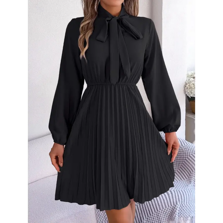 Trendsi Chic Balloon Sleeve Tie Neck Dress with Pleated Elegance women’s dress