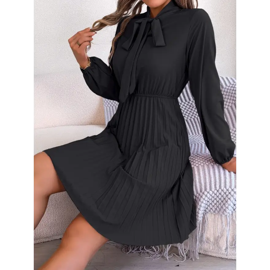 Trendsi Chic Balloon Sleeve Tie Neck Dress with Pleated Elegance women’s dress