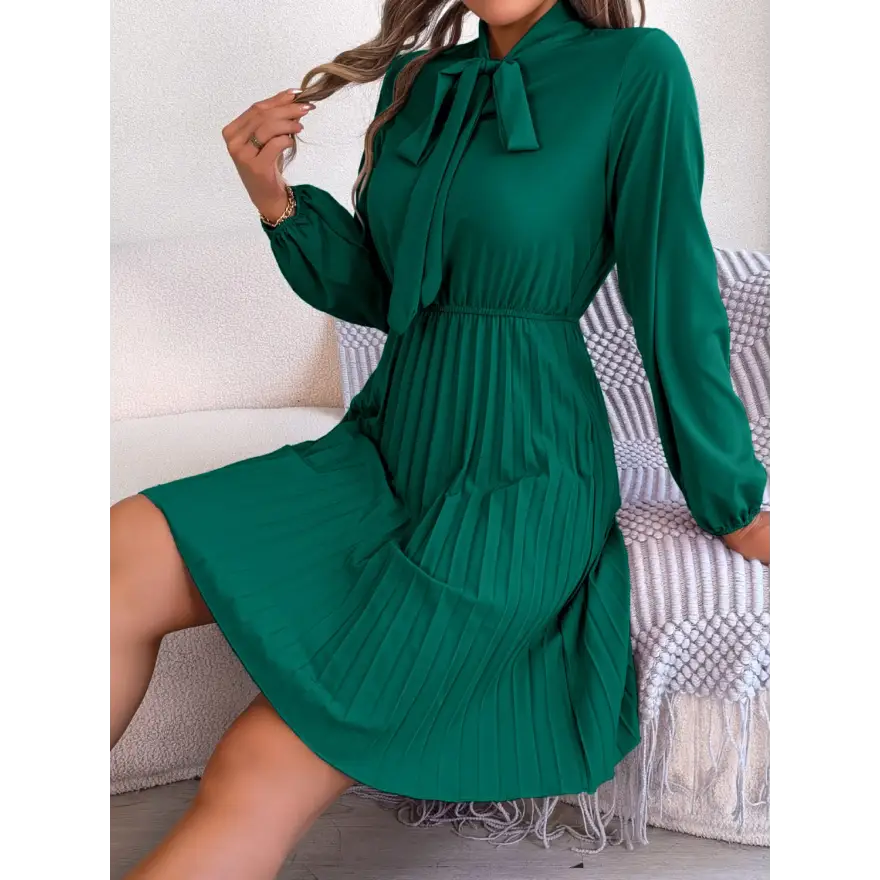 Trendsi Chic Balloon Sleeve Tie Neck Dress with Pleated Elegance women’s dress