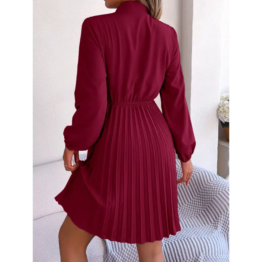 Trendsi Chic Balloon Sleeve Tie Neck Dress with Pleated Elegance women’s dress