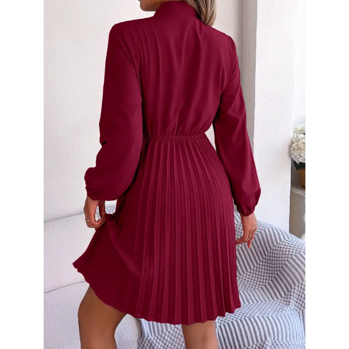 Trendsi Chic Balloon Sleeve Tie Neck Dress with Pleated Elegance women’s dress