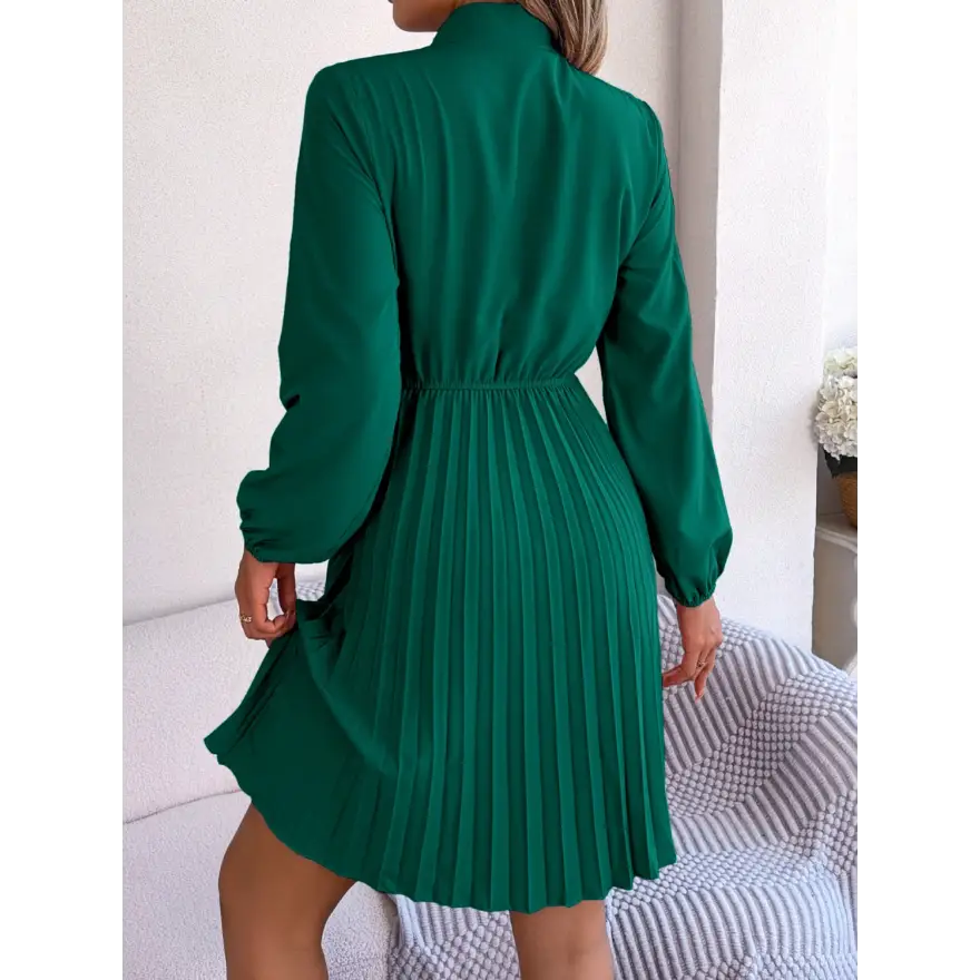 Trendsi Chic Balloon Sleeve Tie Neck Dress with Pleated Elegance women’s dress