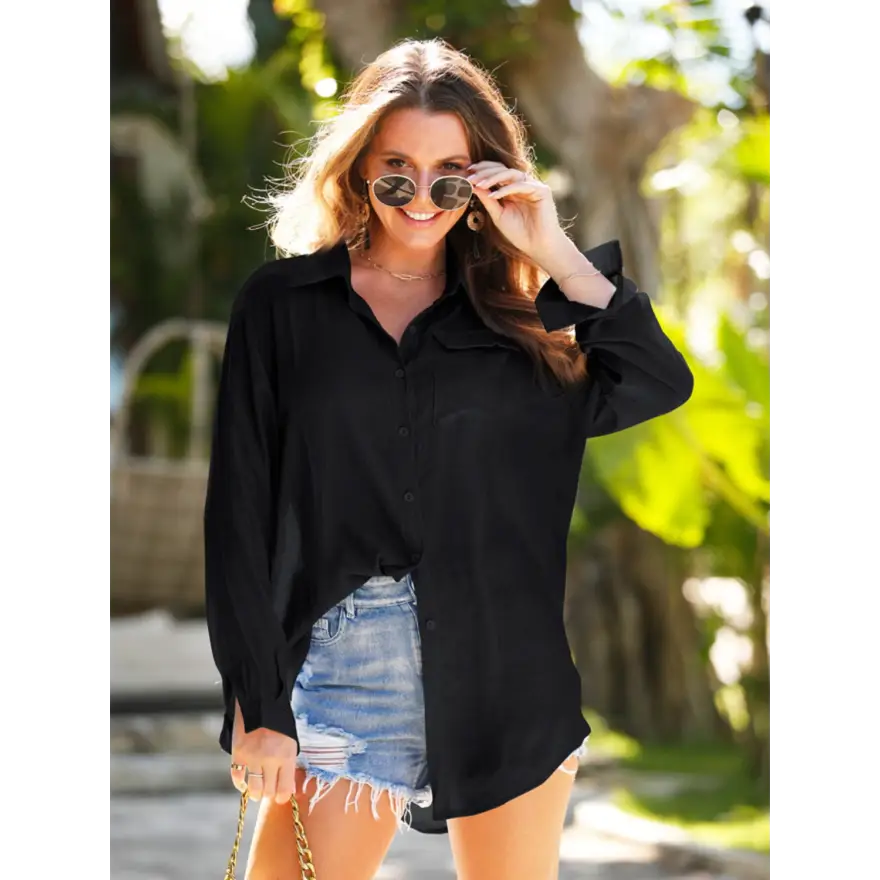 Effortless Chic Pocketed Dropped Shoulder Top Machine Wash Cold - Women’s Swimwear