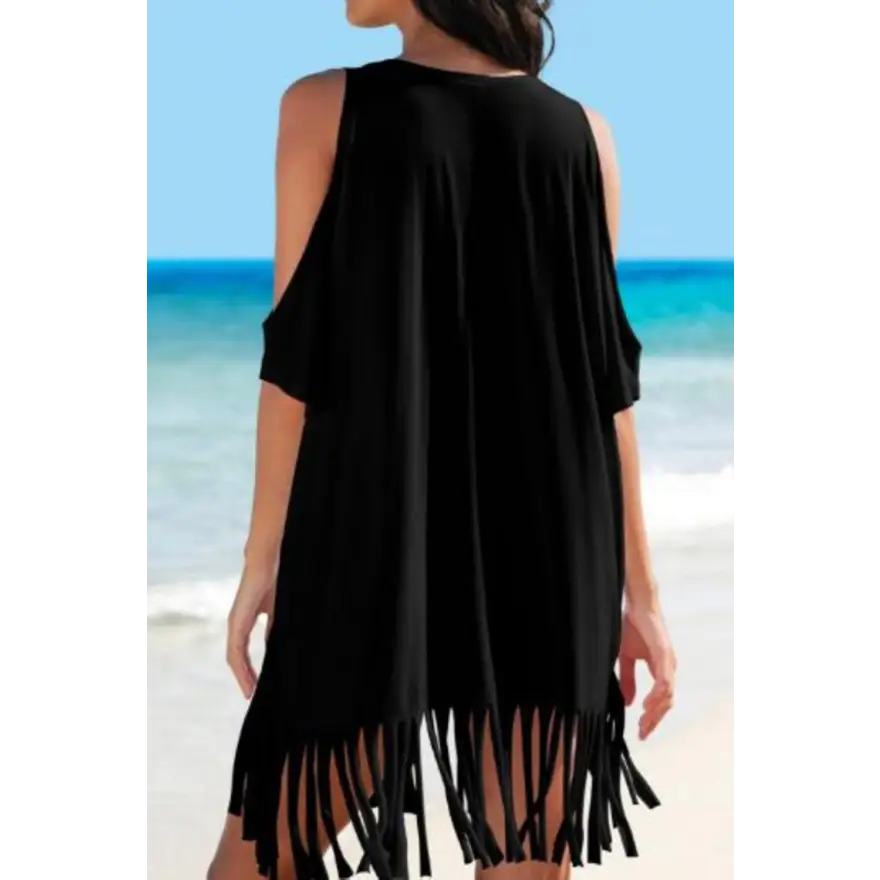 Effortless Fringe Cold Shoulder Chic &amp; Comfy Dress - Women’s Clothing