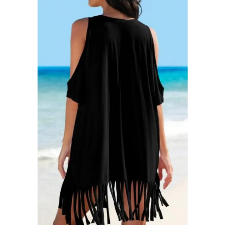 Effortless Fringe Cold Shoulder Chic &amp; Comfy Dress - Women’s Clothing