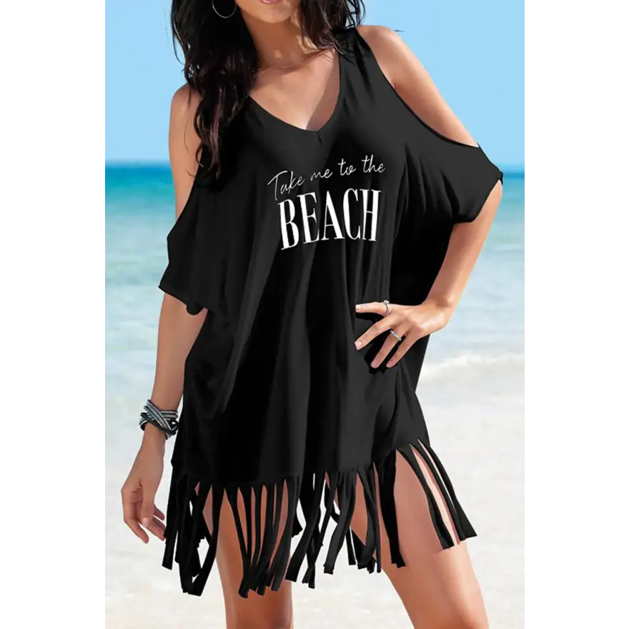 Effortless Fringe Cold Shoulder Chic &amp; Comfy Dress - Women’s Clothing