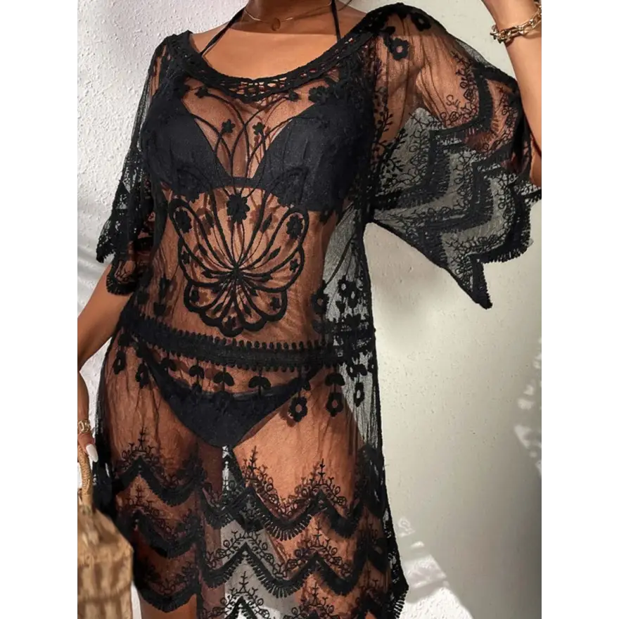 Elegant Sheer Lace Round Neck Top for Chic Style - Women’s Swimwear