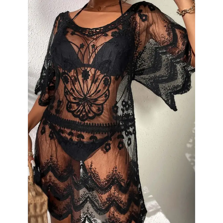 Elegant Sheer Lace Round Neck Top for Chic Style - Women’s Swimwear