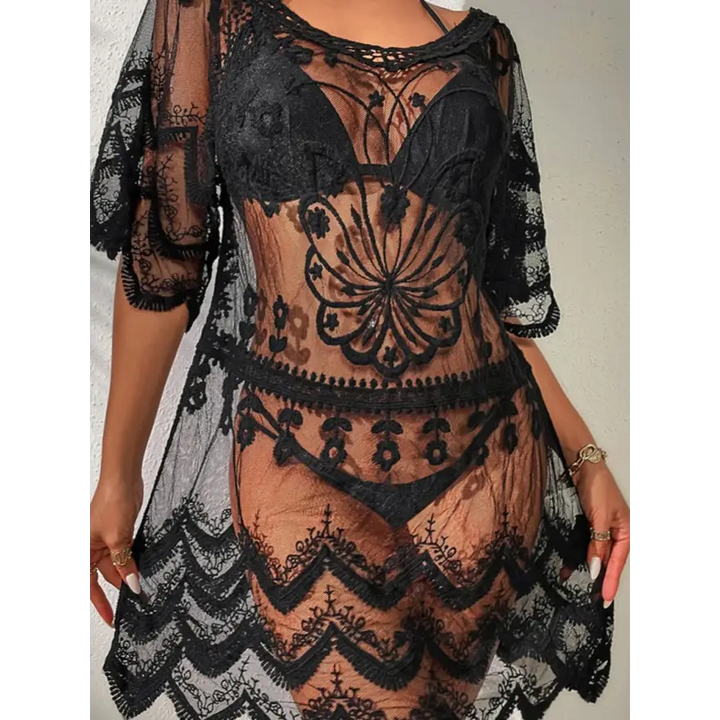 Elegant Sheer Lace Round Neck Top for Chic Style - Women’s Swimwear