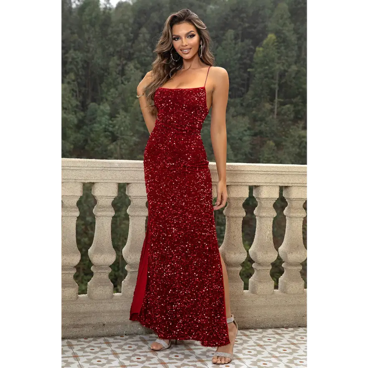 Trendsi Glamorous Sequin Backless Split Maxi Dress Belle of the Ball women’s dress