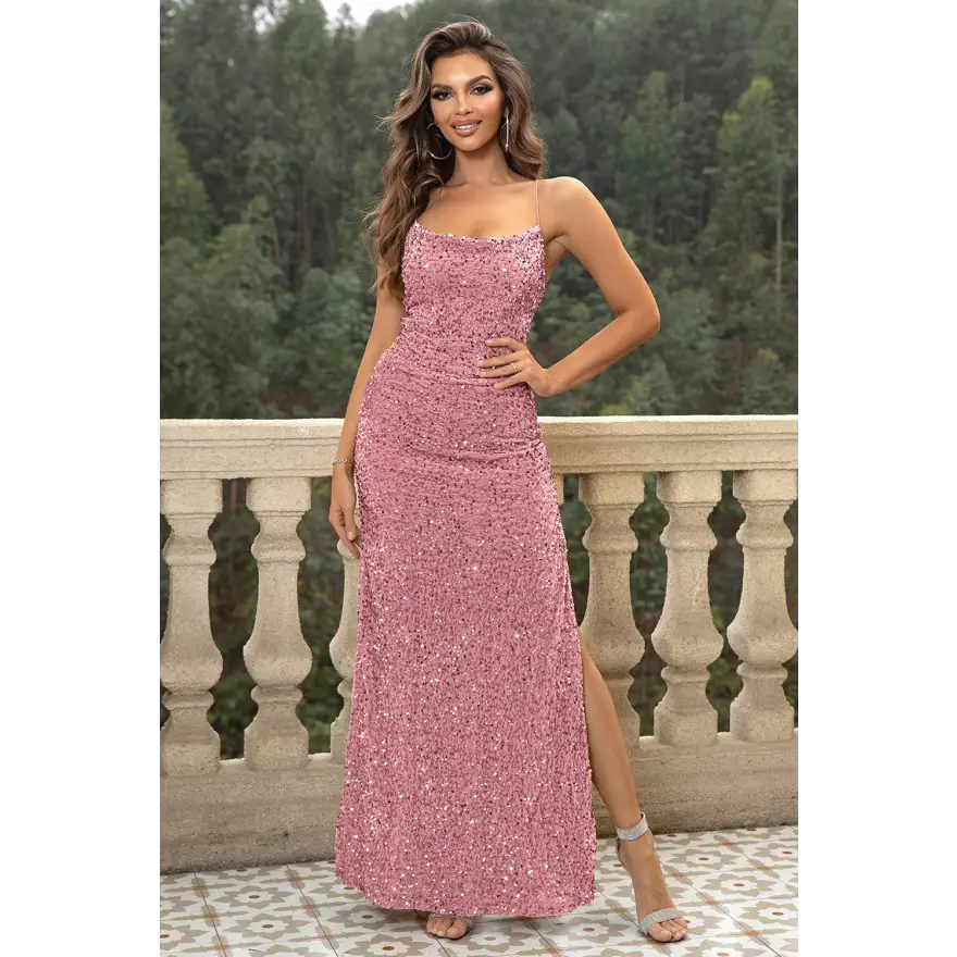 Trendsi Glamorous Sequin Backless Split Maxi Dress Belle of the Ball women’s dress
