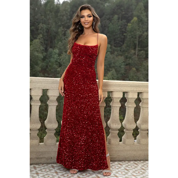 Trendsi Glamorous Sequin Backless Split Maxi Dress Belle of the Ball women’s dress